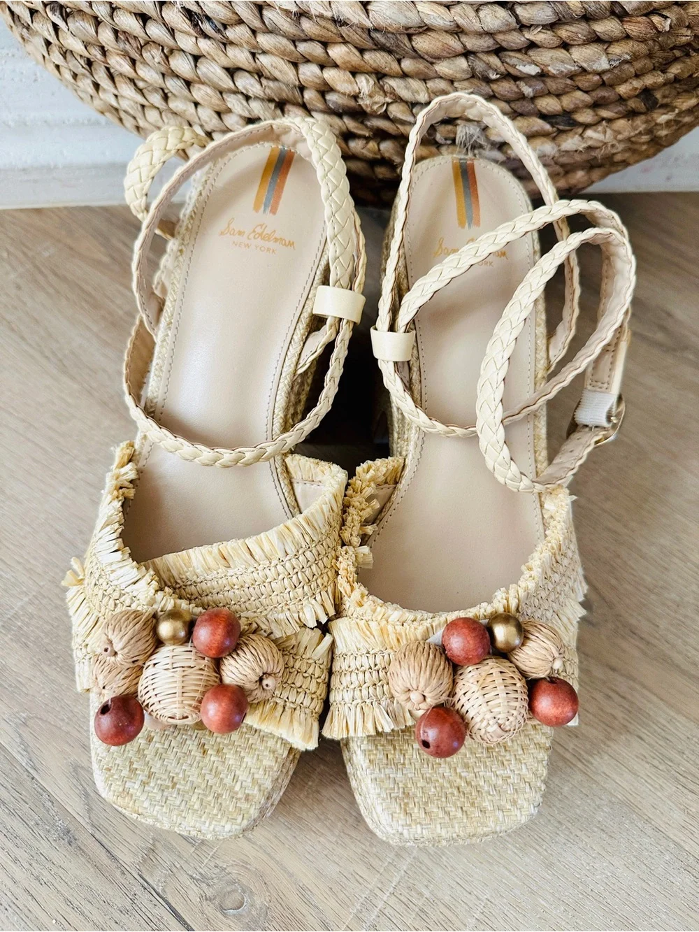 Sam Edelman Tate Woven Natural Raffia Beaded Platform Sandals